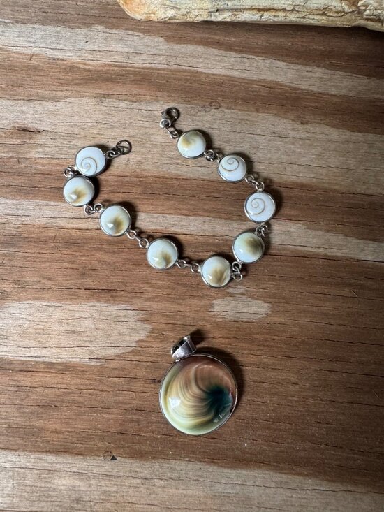 Sterling Silver Jewelry - Sterling Silver Shiva Eye Shell Bracelet Pendant Set Operculum Cats Eye 6.5”